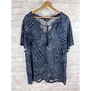 Lauren Ralph Lauren LRL Boho Top Size 1X Linen Blend Navy Tassel‎ Peasant Blouse